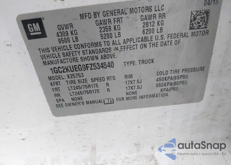 2015 Chevrolet Silverado 2500Hd Wt from USA, damaged, VIN 1GC2KUEG9FZ534540